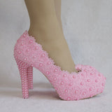 White Lace Heels Wedding Shoes Lace Pearl Shoes Size Fine Heel Waterproof Shoes 14WL HZ0115