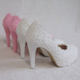 White Lace Heels Wedding Shoes Lace Pearl Shoes Size Fine Heel Waterproof Shoes 14WL HZ0115