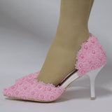7.5 Cm White Lace Wedding Shoes Fine Heel Pointed Sandals Hollow Two-Siped Sandals Large Size Lace HZ0115