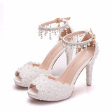 New Fish Mouth High Heel Sandals Waterproof Table Sandals Fine Heel Lace Beaded Wedding Shoes Wedding Shoes Wedding Heels HZ0115