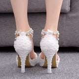 New Fish Mouth High Heel Sandals Waterproof Table Sandals Fine Heel Lace Beaded Wedding Shoes Wedding Shoes Wedding Heels HZ0115