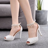 New Fish Mouth High Heel Sandals Waterproof Table Sandals Fine Heel Lace Beaded Wedding Shoes Wedding Shoes Wedding Heels HZ0115