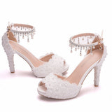 New Fish Mouth High Heel Sandals Waterproof Table Sandals Fine Heel Lace Beaded Wedding Shoes Wedding Shoes Wedding Heels HZ0115