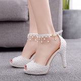 New Fish Mouth High Heel Sandals Waterproof Table Sandals Fine Heel Lace Beaded Wedding Shoes Wedding Shoes Wedding Heels HZ0115