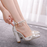 New White Pointed Crystal Wedding Shoes Coarse Heel Ultra-High Heel Bridal Shoes Buckle Tuxedo Water Drill Women Sandals HZ0115