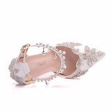 New White Pointed Crystal Wedding Shoes Coarse Heel Ultra-High Heel Bridal Shoes Buckle Tuxedo Water Drill Women Sandals HZ0115