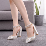 New White Pointed Crystal Wedding Shoes Coarse Heel Ultra-High Heel Bridal Shoes Buckle Tuxedo Water Drill Women Sandals HZ0115