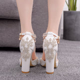 New White Pointed Crystal Wedding Shoes Coarse Heel Ultra-High Heel Bridal Shoes Buckle Tuxedo Water Drill Women Sandals HZ0115