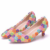 Large-Size 5 Cm Lace Heel High Heel Heel Heel Mid-Heeled Wedding Shoes Pointed Bridesmaid Shoes Annual Photo Shoes HZ0115
