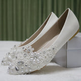 Large-Size Flat-Bottomed Tip Diamond Lace Wedding Shoes Bridal Shoes Dancing Bridesmaid Shoes Comfortable Flat Heel Single Shoes HZ0115