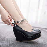 11 Cm White Round Head Water Table Slope Single Shoes Women Pearl Beads Supo Heel Shoes Large-Size High Heel Single Shoes Women HZ0115