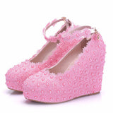 White Lace Wedding Shoes Slope Heel Single Shoes Buckle With Slope Heel Shoes Waterproof Table Large Size Shoes HZ0115