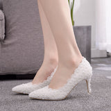7 Cm Pointed Single Shoes Small Thin Heel Single Heel Single Shoe Tips Shoes Large Size Women's Shoes Lace Wedding Shoes Bridesmaid Shoes HZ0115