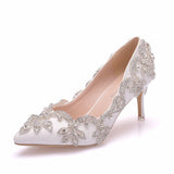 7 Cm Pointed Single Shoes Small Thin Heel Single Shoes Tip Shoes Large Size Women's Shoes Water Drill Wedding Shoes Bridesmaid Shoes HZ0115