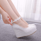 White Lace Wedding Shoes Slope Heel Single Shoes Buckle With Slope Heel Shoes Waterproof Table Large Size Shoes HZ0115