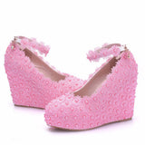 White Lace Wedding Shoes Slope Heel Single Shoes Buckle With Slope Heel Shoes Waterproof Table Large Size Shoes HZ0115