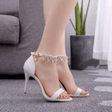 9 Cm High-Heeled Sandals Bridesmaid Wedding Buckle With Beaded Tuxedo Fine Heel Fish Mouth Roman Sandals HZ0115