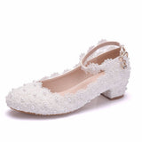 Large-Size 3 Cm Square-Headed Single-Shoe One-Word Wristband Spring And Autumn White Lace Wedding Shoes Bridesmaids Show HZ0115