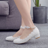 Large-Size 3 Cm Square-Headed Single-Shoe One-Word Wristband Spring And Autumn White Lace Wedding Shoes Bridesmaids Show HZ0115