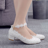 Large-Size 3 Cm Square-Headed Single-Shoe One-Word Wristband Spring And Autumn White Lace Wedding Shoes Bridesmaids Show HZ0115