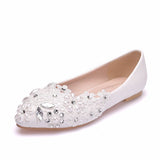 Large-Size Flat-Bottomed Tip Diamond Lace Wedding Shoes Bridal Shoes Dancing Bridesmaid Shoes Comfortable Flat Heel Single Shoes HZ0115