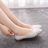 Large-Size Flat-Bottomed Tip Diamond Lace Wedding Shoes Bridal Shoes Dancing Bridesmaid Shoes Comfortable Flat Heel Single Shoes HZ0115