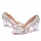 9 Cm Thick Heel Crystal Transparent Square Tip Single Shoe Bridal Silk Satin Cloth Diamond Skirt Wedding Shoes HZ0115