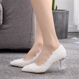 7 Cm Shallow Crystal Transparent Coarse Single Shoes White Lace Pointed Large Size Wedding Shoes Bridesmaid Party Performance HZ0115