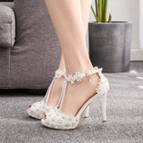 Fashion Fish Mouth Beads Waterproof Table High Heel Sandals Waterproof Table Sandals Fine Heel Lace Beaded Wedding Shoes HZ0115