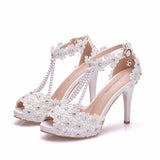 Fashion Fish Mouth Beads Waterproof Table High Heel Sandals Waterproof Table Sandals Fine Heel Lace Beaded Wedding Shoes HZ0115