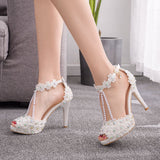 Fashion Fish Mouth Beads Waterproof Table High Heel Sandals Waterproof Table Sandals Fine Heel Lace Beaded Wedding Shoes HZ0115