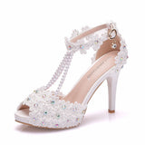 Fashion Fish Mouth Beads Waterproof Table High Heel Sandals Waterproof Table Sandals Fine Heel Lace Beaded Wedding Shoes HZ0115