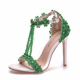 Sandals White Buckle Shoes Fine Heel Fish Mouth Roman Exposed Toe Sandals 11 Cm Beaded High-Heeled Sandals HZ0115