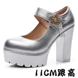 Round-Headed High-Heeled High-Heeled Waterproof Table Thick-Soled Model Walking Shoes Magic Beaded Women's Shoes With Cheongsam Shoes HZ0115