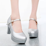 Round Head Buckle Waterproof Table 8CM High Heel Women's Shoes Thick-Soled Model Show Shoes Coarse Heel Work Shoes Silver Single Shoes HZ0115