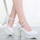 Round Head Buckle Waterproof Table 8CM High Heel Women's Shoes Thick-Soled Model Show Shoes Coarse Heel Work Shoes Silver Single Shoes HZ0115