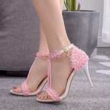 9 Cm High-Heeled Sandalbum Bridesmaid Wedding Buckle Lace Beads And Fish Mouth Roman Sandals HZ0115