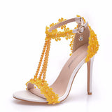 Sandals White Buckle Shoes Fine Heel Fish Mouth Roman Exposed Toe Sandals 11 Cm Beaded High-Heeled Sandals HZ0115