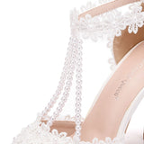 Sandals White Buckle Shoes Fine Heel Fish Mouth Roman Exposed Toe Sandals 11 Cm Beaded High-Heeled Sandals HZ0115