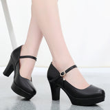 Round Head Buckle Waterproof Table 8CM High Heel Women's Shoes Thick-Soled Model Show Shoes Coarse Heel Work Shoes Silver Single Shoes HZ0115