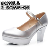 Round Head Buckle Waterproof Table 8CM High Heel Women's Shoes Thick-Soled Model Show Shoes Coarse Heel Work Shoes Silver Single Shoes HZ0115