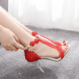 9 Cm High-Heeled Sandalbum Bridesmaid Wedding Buckle Lace Beads And Fish Mouth Roman Sandals HZ0115