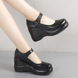 Spring And Autumn Women's Shoes Thick Bottom Slope And Shallow Single Shoes High Heels Ladies Leather Shoes Magic Stick Round Head Loose Cake Middle-Naught Mother Shoes HZ0115