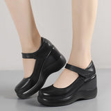 Spring And Autumn Women's Shoes Thick Bottom Slope And Shallow Single Shoes High Heels Ladies Leather Shoes Magic Stick Round Head Loose Cake Middle-Naught Mother Shoes HZ0115