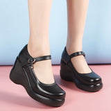 Round Head 8CM High-Slope And Waterproof Table Single Shoe Round Head Buckle Loose Cake Thick-Soled Mother Shoes Flat Bottom Shallow Women's Shoes HZ0115