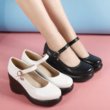 Round Head 8CM High-Slope And Waterproof Table Single Shoe Round Head Buckle Loose Cake Thick-Soled Mother Shoes Flat Bottom Shallow Women's Shoes HZ0115