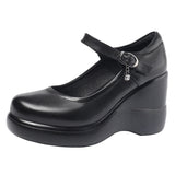 Round Head 8CM High-Slope And Waterproof Table Single Shoe Round Head Buckle Loose Cake Thick-Soled Mother Shoes Flat Bottom Shallow Women's Shoes HZ0115