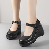 Spring And Autumn Women's Shoes Thick Bottom Slope And Shallow Single Shoes High Heels Ladies Leather Shoes Magic Stick Round Head Loose Cake Middle-Naught Mother Shoes HZ0115