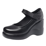 Spring And Autumn Women's Shoes Thick Bottom Slope And Shallow Single Shoes High Heels Ladies Leather Shoes Magic Stick Round Head Loose Cake Middle-Naught Mother Shoes HZ0115