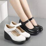 Spring And Autumn Women's Shoes Thick Bottom Slope And Shallow Single Shoes High Heels Ladies Leather Shoes Magic Stick Round Head Loose Cake Middle-Naught Mother Shoes HZ0115